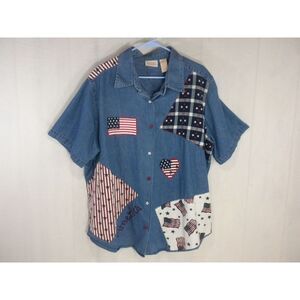 Roaman's Top 22W Blue Denim Chambray Patriotic America Button Up Patchwork Shirt